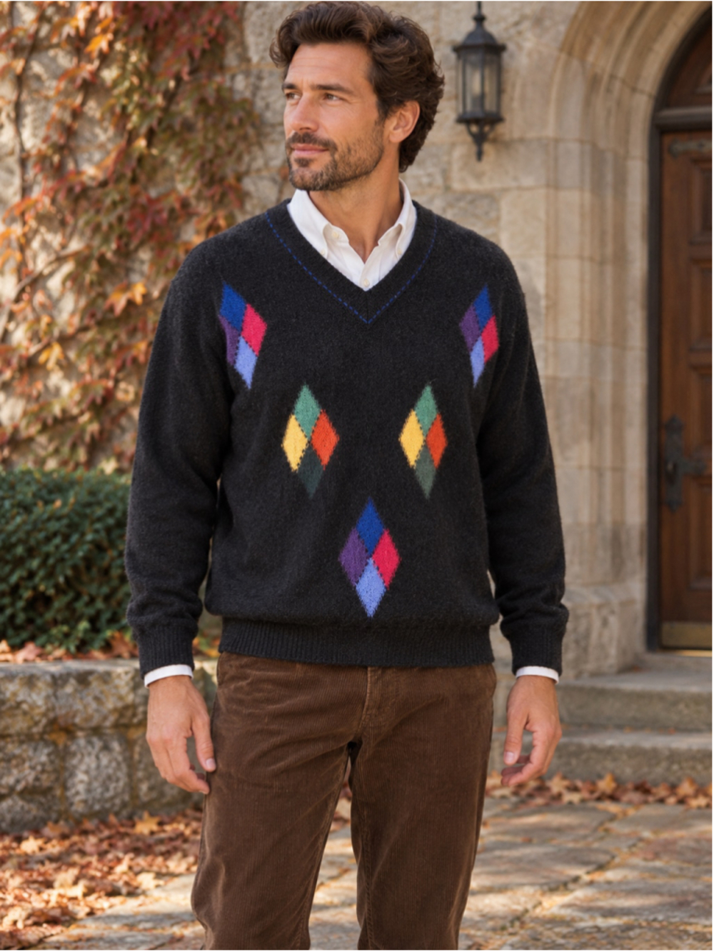 TUMI Sweater Men XL Vintage 100% Alpaca Argyle V-Neck Grandpacore Preppy Black